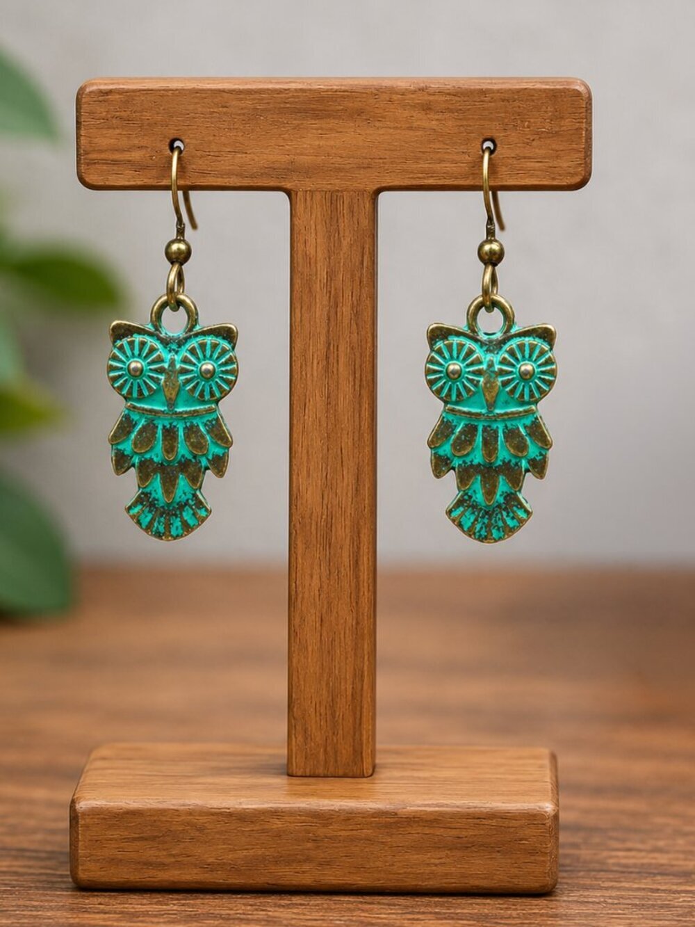Patina Owl Drop Earrings - Picture 4 of 7
